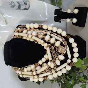 Gold And Ivory Bead Multi Strand Statement Necklace with Earrings Set